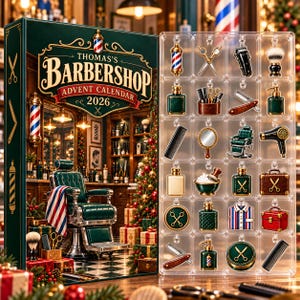 Personalized Barber Advent Calendar 2026, 24 Days Barbershop Blind Box, Custom Name Barber Christmas Gift