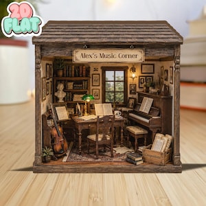 Może przedstawiać: Miniaturowa drewniana diorama pokoju muzycznego z napisem Alex's Music Corner, zawierająca biurko z ciemnego drewna, pianino z ławką, wiolonczelę, regał z książkami, zieloną lampkę biurkową oraz drewnianą skrzynkę z napisem Compositions na podłodze.