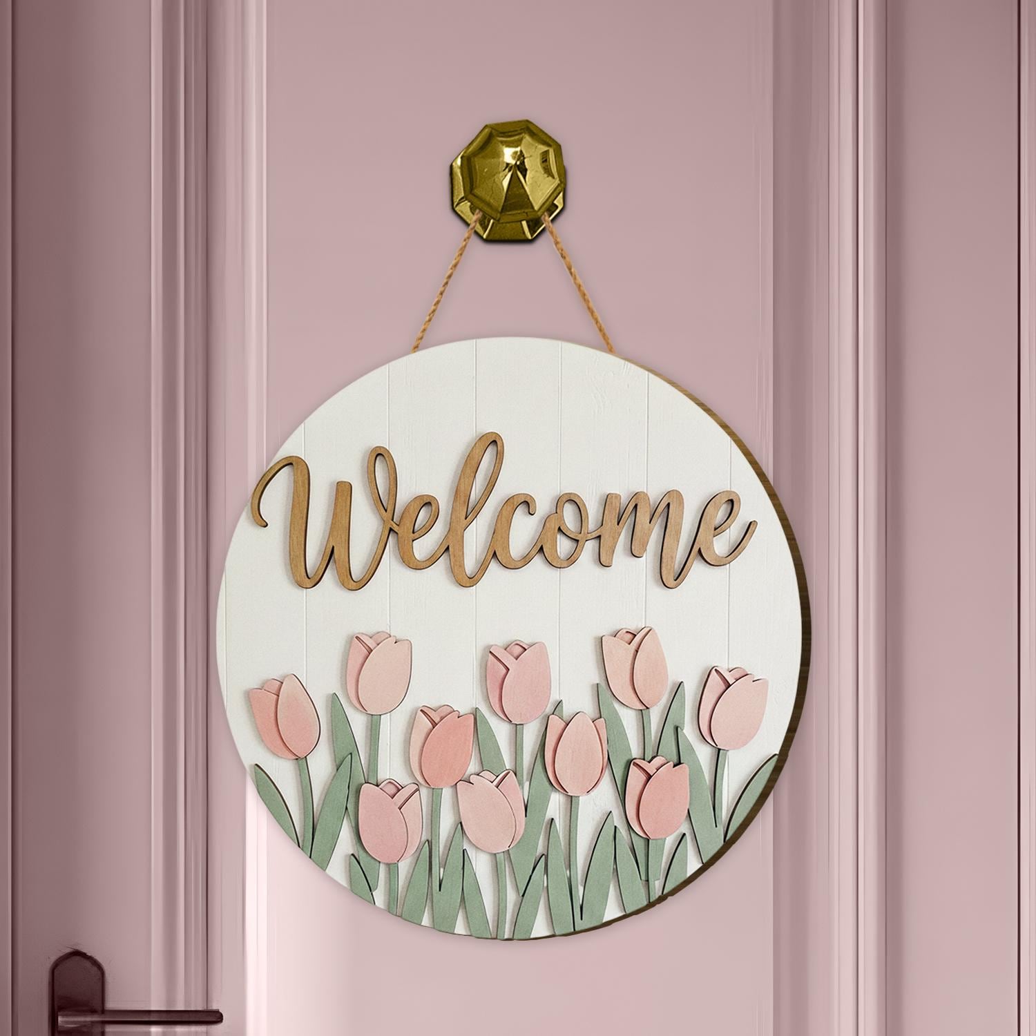 Tulip Welcome Sign, Round Wooden Spring Door Hanger - Etsy