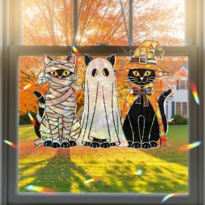 Halloween Trio Black Cats Hologram Ornament – Mummy, Ghost, Witch Black Cats ACRYLIC Window Hanging, Cute Spooky Fall Decor Gift, Cat Lovers