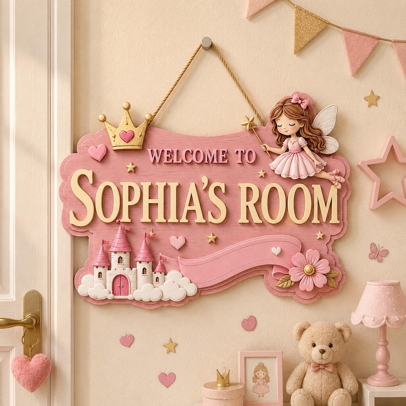 Personalized Princess Room Wooden Door Sign, Fairy Girl Bedroom Decor ...