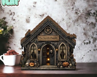 Horror Haunted House Wooden Block, Spooky Family Name Shelf Decor, Gothic Cottage Halloween Decoration