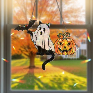 Halloween Ghost Cat ACRYLIC Suncatcher, Holographic Halloween Window Hanging, Cute Acrylic Fall Decor, Spooky Black Cat Ornament