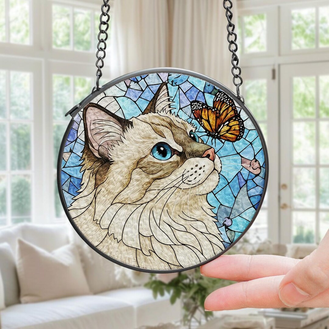 Ragdoll Cat Butterfly Glass Suncatcher, Glass Feline Window Hanging ...