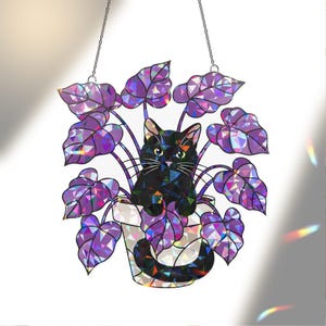 Black Cat On Potted Plant Hologram Ornament, Black Cat Acrylic Window Hanging, Suncatcher, Gift For Cat Lover