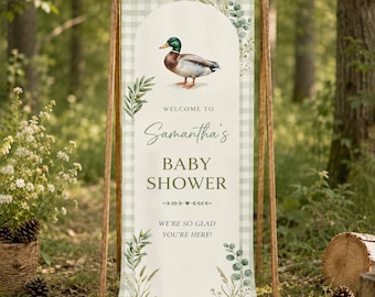 Personalized Duck Baby Shower Banner, Cotton Linen Woodland Welcome Sign