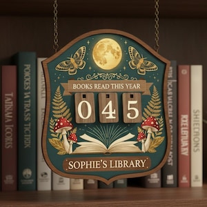 Puede incluir: Letrero de madera con fondo verde azulado, con una luna llena, mariposas y setas. El letrero dice "BOOKS READ THIS YEAR" con el número "045". El texto "SOPHIE'S LIBRARY" está en la parte inferior. El letrero cuelga de cadenas.