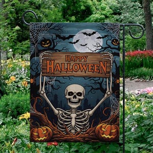 Bandera de jardín de Halloween, divertida bandera de esqueleto, calabaza espeluznante, decoración de Halloween para el hogar, jardín de Halloween