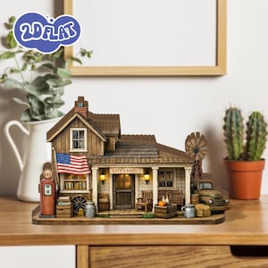 Rustic Farmhouse Wooden Block , Country Barn House Display, Vintage Farm Scene Sign