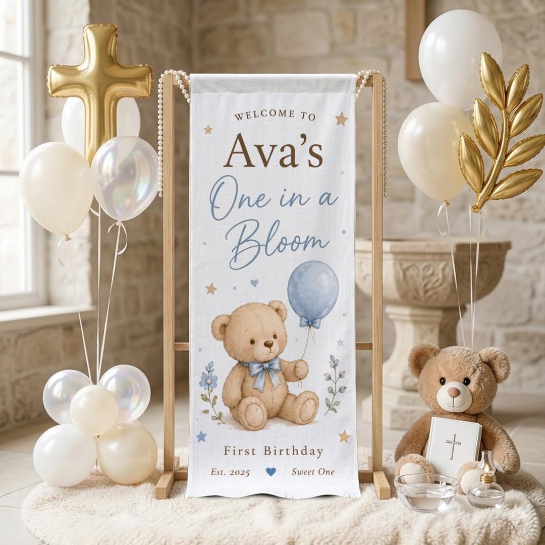 Personalized Teddy Bear First Birthday Linen Banner, Blue Bear Backdrop ...