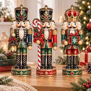 May include: Three decorative nutcracker figures standing on circular bases. The left figure wears a blue uniform and holds a lantern. The centre figure wears a red uniform and holds a candy cane. The right figure wears a crown and holds a gift.