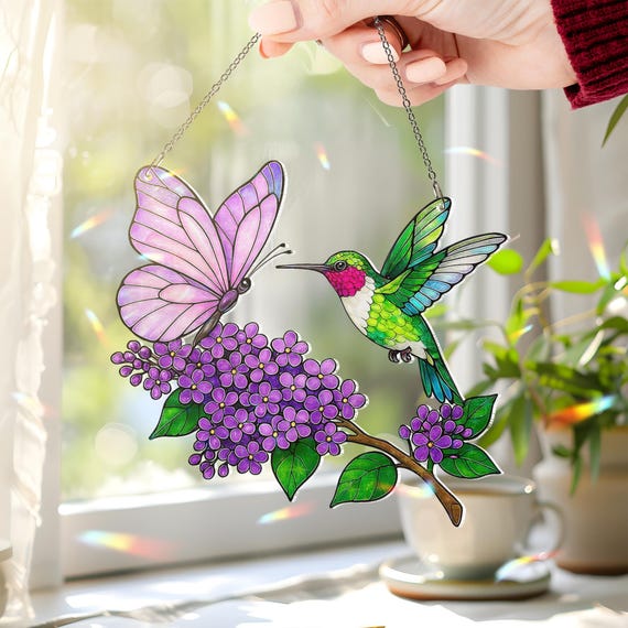 Hummingbirds And Butterflies Hologram Suncatcher, Hummingbirds Acrylic Window Hanging, Perfect Gift for Bird Lovers
