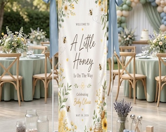 Personalized Honey Bee Baby Shower Welcome Sign, Wildflower Linen Banner, Botanical Decor