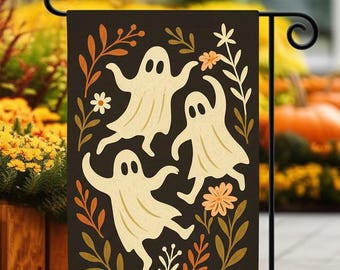 Three Dancing Ghosts Garden Flag, Halloween Outdoor Yard Decor, Spooky Fall Porch Decoration, Seasonal Lawn Banner for Autumn, Spooky Decor