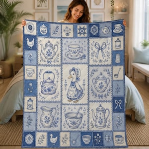 Blue Tea Party Quilt, Vintage Teapot Duck Blanket, Cottage Kitchen Patchwork Decor