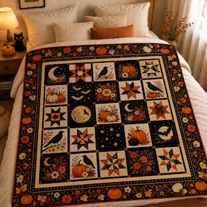 May include: A quilt featuring a grid of squares with autumn-themed illustrations including pumpkins, black crows, stars, crescent moons, bats, and geometric star patterns in shades of orange, black, cream, and brown, finished with a floral border.
