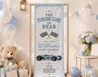 Personalized Racing Baby Shower Linen Banner, Vintage Race Car Boy Party, Finish Line Decor