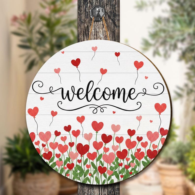 Wooden Welcome Sign, Heart Balloon Door Hanger, Pink Floral Welcome ...