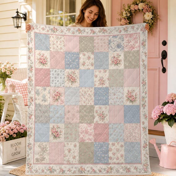 Shabby Chic Patchwork Quilt, Floral Cottagecore Throw, Pastel Farmhouse Bedding