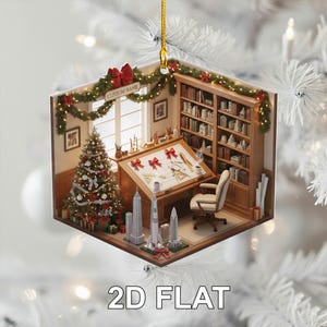 May include: A 2D flat Christmas ornament featuring a miniature architect's office with a drafting table, bookshelf, and Christmas tree. The ornament includes the text "CUSTOM NAME" and "2D FLAT".