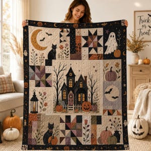 May include: A rectangular quilt featuring a central haunted house illustration surrounded by blocks of black cats, crescent moons, ghosts, pumpkins, lanterns, and geometric star patterns in a muted colour palette of black, cream, and orange.