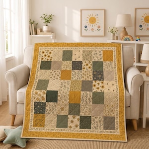 May include: A patchwork quilt featuring a grid of square fabric blocks in shades of mustard yellow, sage green, and cream. The design includes floral, leaf, and sunflower patterns, finished with a solid mustard yellow border and quilted texture.