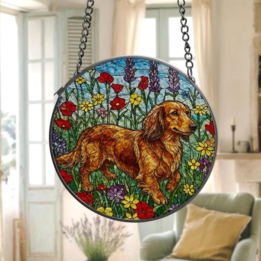 Long Haired Dachshund Stained Glass Suncatcher, Floral Dog Window Art ...