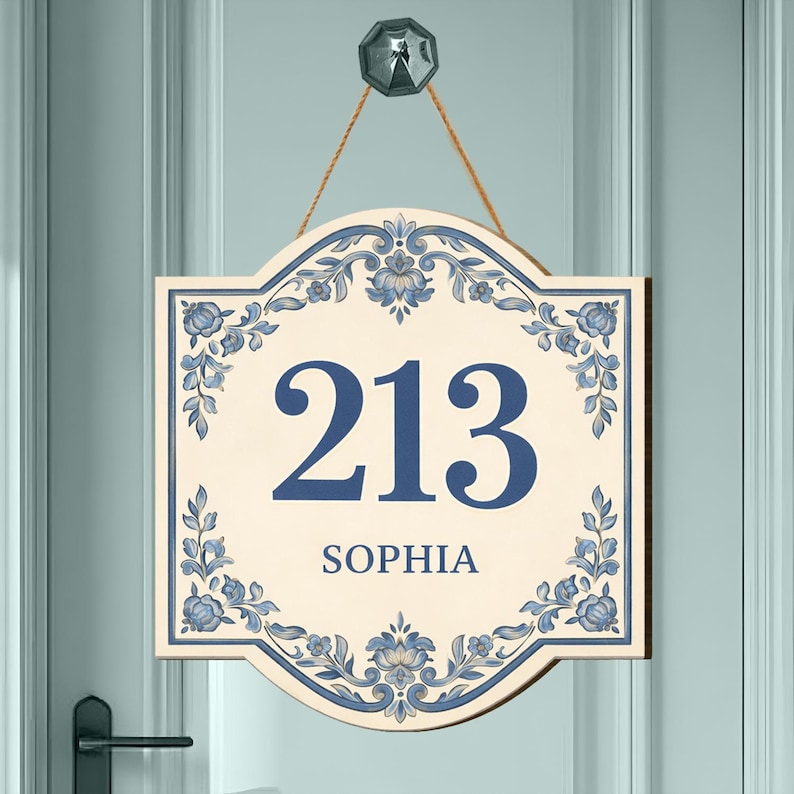 Personalized Wooden House Number Sign, Floral Blue Address Plaque ...
