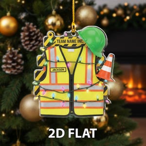 Personalized Construction Worker 2D FLAT Ornament, Safety Vest Christmas Tree Decor, Custom Name Holiday Gift for Builder, Engineer, Team