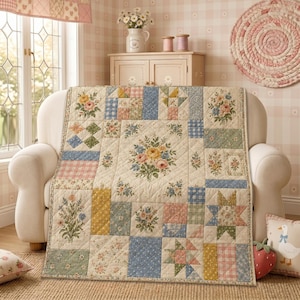 May include: A patchwork quilt featuring a cream-colored background with various floral bouquets, blue and pink gingham squares, and geometric star patterns. The quilt is constructed from multiple fabric blocks in soft pastel shades of yellow, blue, pink, and green, finished with a thin, coordinating floral border.