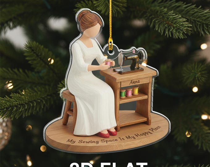 Personalized Sewing Girl 2D FLAT Christmas Ornament, My Sewing Space Is My Happy Place Ornament, Sewing Machine Ornament, Seamstress Gift