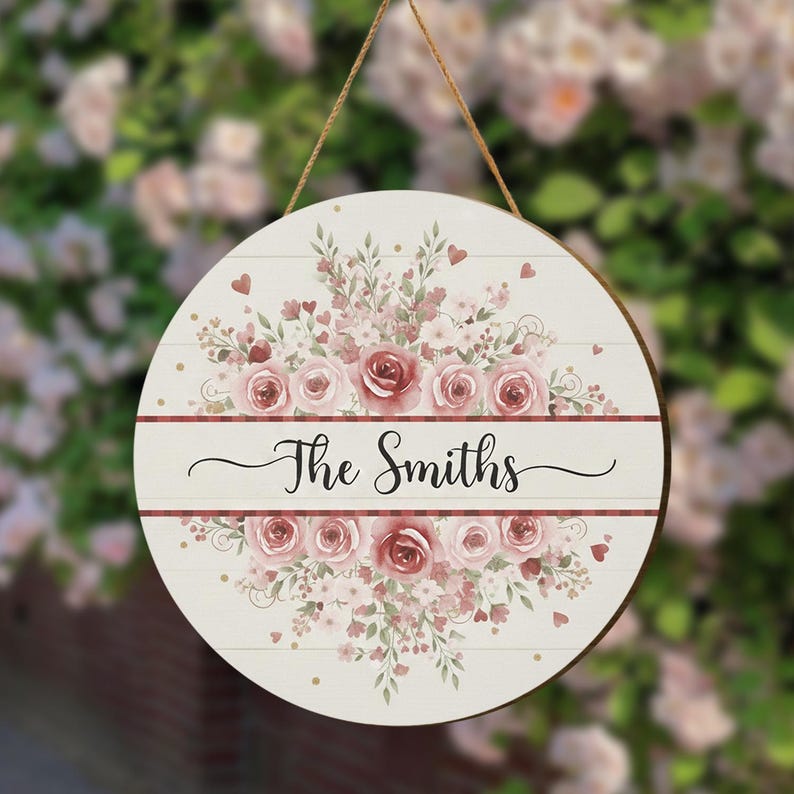 Personalized Floral Family Name Wood Sign, Rustic Farmhouse Door Hanger ...