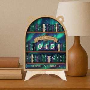 Aurora Borealis reading tracker, wooden book tracker sign, personalized bookshelf decor, custom book count display, reader gift