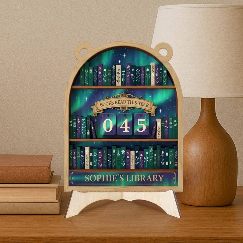 Aurora Borealis reading tracker, wooden book tracker sign, personalized bookshelf decor, custom book count display, reader gift