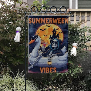 Summerween Garden Flag, Funny Skeleton Flag, Spooky Summer Vibes Garden Flag, Halloween Home Decor