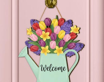 Tulip Watering Can Door Hanger, Spring Floral Welcome Sign, Farmhouse Decor