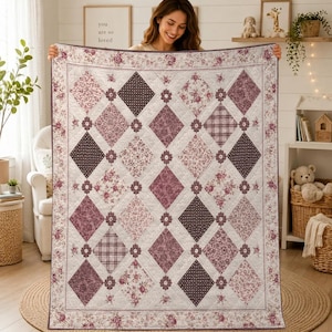 Vintage Rose Quilt, Diamond Patchwork Blanket, Cottage Floral Bedding