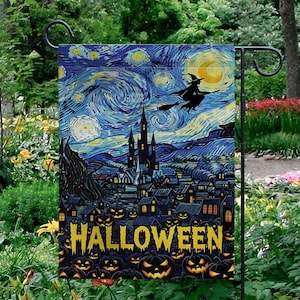 Starry Night Halloween Garden Flag, Witch Garden Flag, Halloween Home Decor, Halloween Gift, Gift For Witch Lover