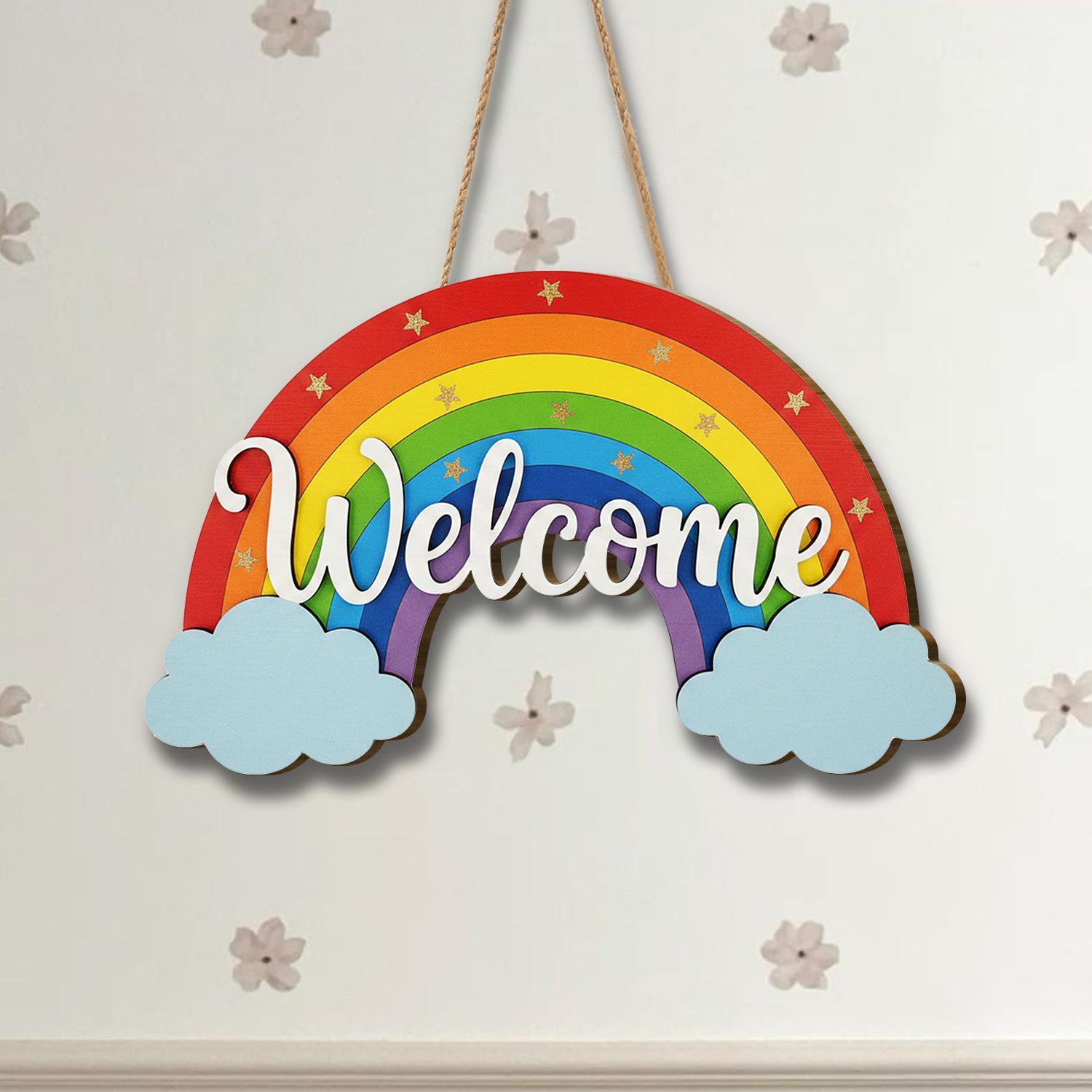 Rainbow Welcome Sign, Colorful Wooden Door Hanger, Whimsical Home Decor ...