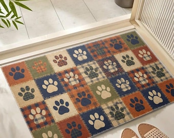 Dog Paw Print Patchwork Doormat, Rustic Plaid Pet Welcome Mat, Farmhouse Entry Rug