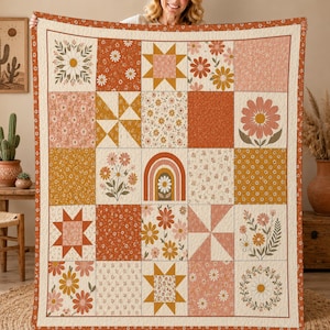 Colcha Boho Floral Patchwork, Manta Retrô com Margaridas, Decoração Aconchegante para Quarto Estilo Casa de Campo