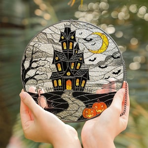 Halloween Stained Glass Suncatcher, Haunted House Window Hanging, Spooky Gothic Decor, Pumpkin Moon Bat Glass Ornament, Spooky Window Decor