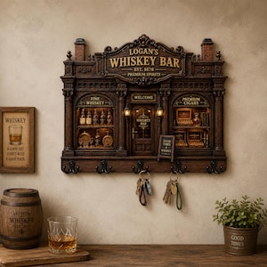 May include: A wall-mounted decorative key holder shaped like a miniature tavern facade labelled Logan's Whiskey Bar Est. 1876. The brown structure features two display windows with bottles and cigars, a central door, and five black metal hooks for keys.