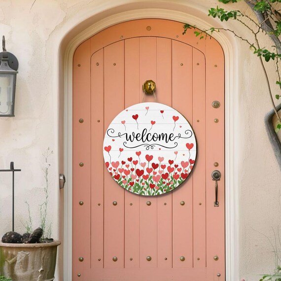 Wooden Welcome Sign, Heart Balloon Door Hanger, Pink Floral
