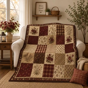 Puede incluir: Una colcha de patchwork con una cuadrícula de cuadrados alternos en tonos burdeos intenso, crema y beige. Los cuadrados de tela muestran varios patrones, incluyendo ramos de flores, pequeñas ramitas, cuadros escoceses y vichy.