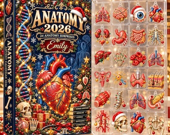 May include: An Anatomy 2026 advent calendar box featuring a large heart illustration, DNA strands, and a skull, alongside a clear plastic tray containing 24 individual anatomical ornaments including organs, bones, and a brain.