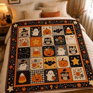 Halloween Quilt, Ghost Owl Pumpkin Candy Corn Patchwork Throw, Fall Nursery Decor