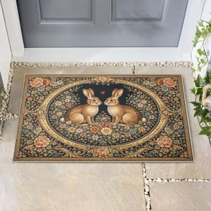 May include: Rectangular doormat featuring two brown rabbits facing each other within an oval floral design. The mat has a black background with colorful flowers and a gold border. The mat is placed in front of a gray door.