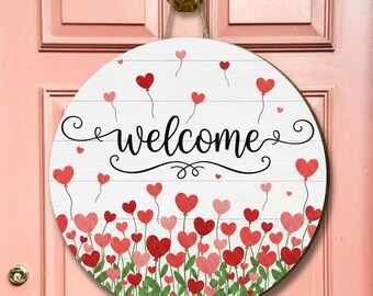 Wooden Welcome Sign, Heart Balloon Door Hanger, Pink Floral Welcome Sign, Rustic Home Decor, Valentine's Day Gift, Front Door Decoration