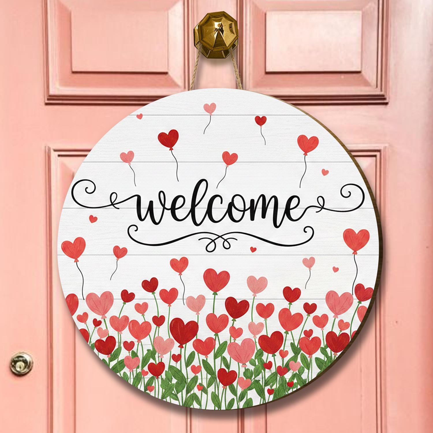 Wooden Welcome Sign, Heart Balloon Door Hanger, Pink Floral